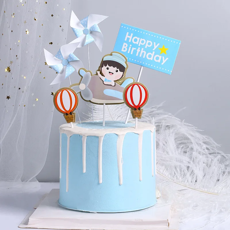 Happy Birthday Cake Topper Pilot Plane Car Tree Clouds Anniversaire Decor Flag Party Baking Supplies Cupcake Toppers Baby Shower