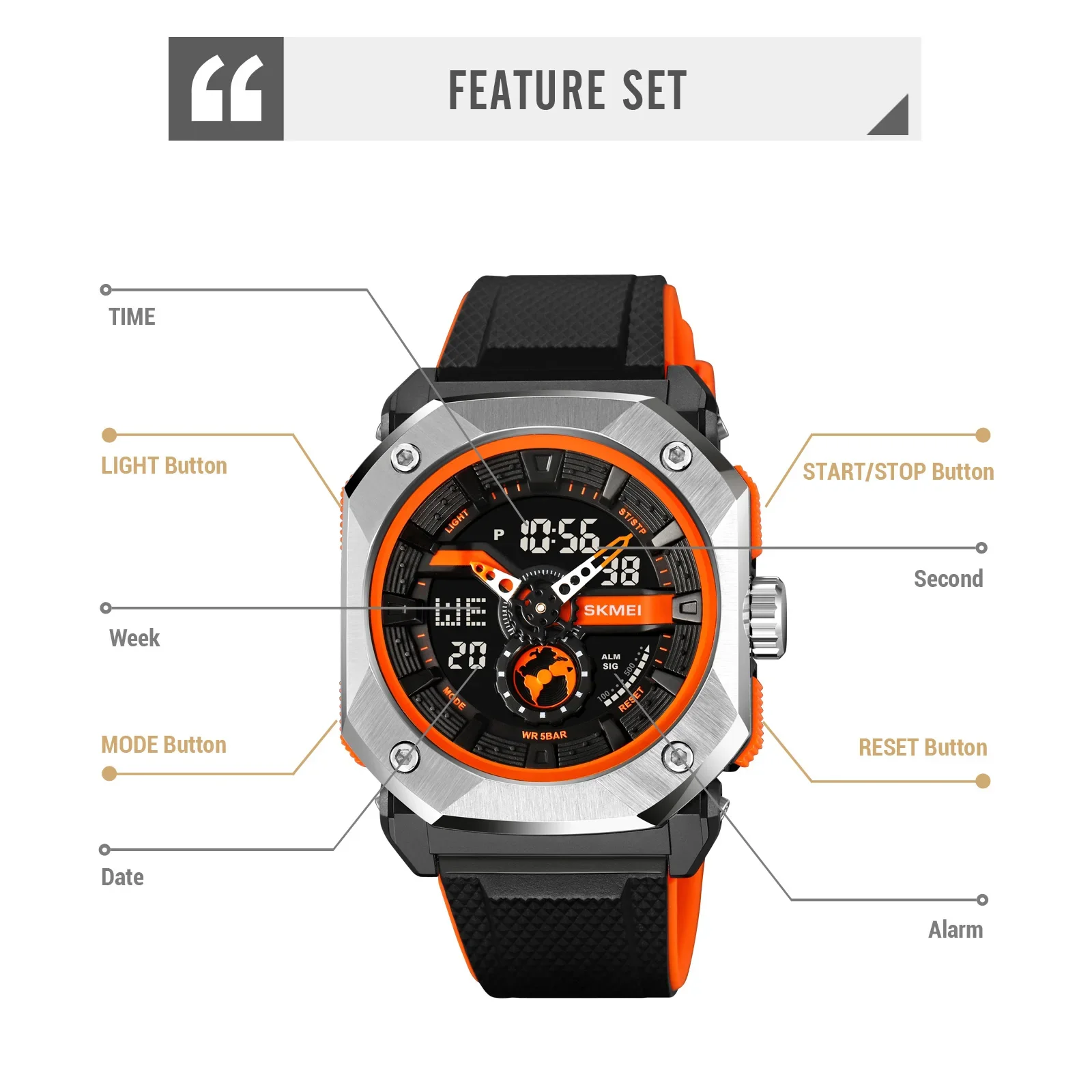 SKMEI 2272 Waterproof Stopwatch Multifunctional 3 Time Countdown Sport Watch Male LED Light Digital Wristwatches For Men 5Bar