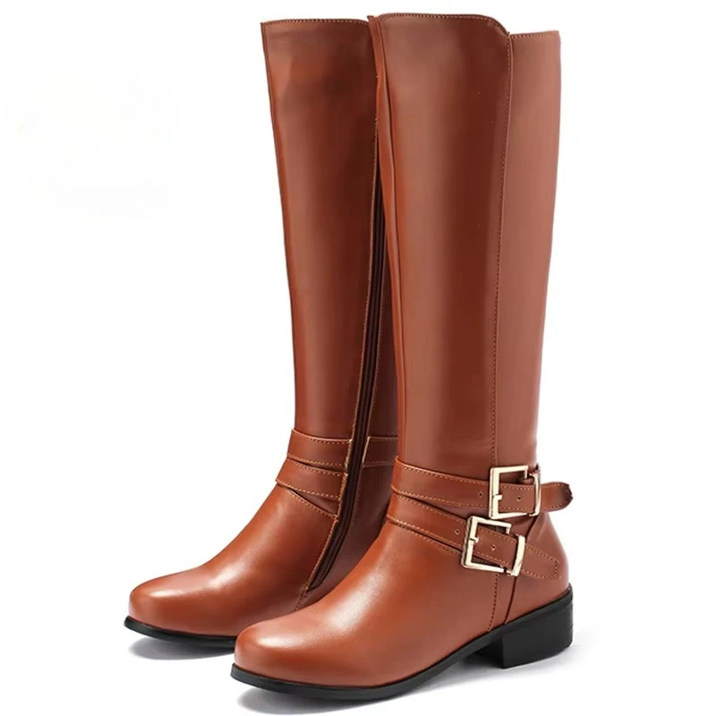 Winter Knee High Boots for Women Round Toe Long Boots 3.5cm Chunky Low Heel Side Zipper Belt Buckle Ladies Boots Plus Size 46