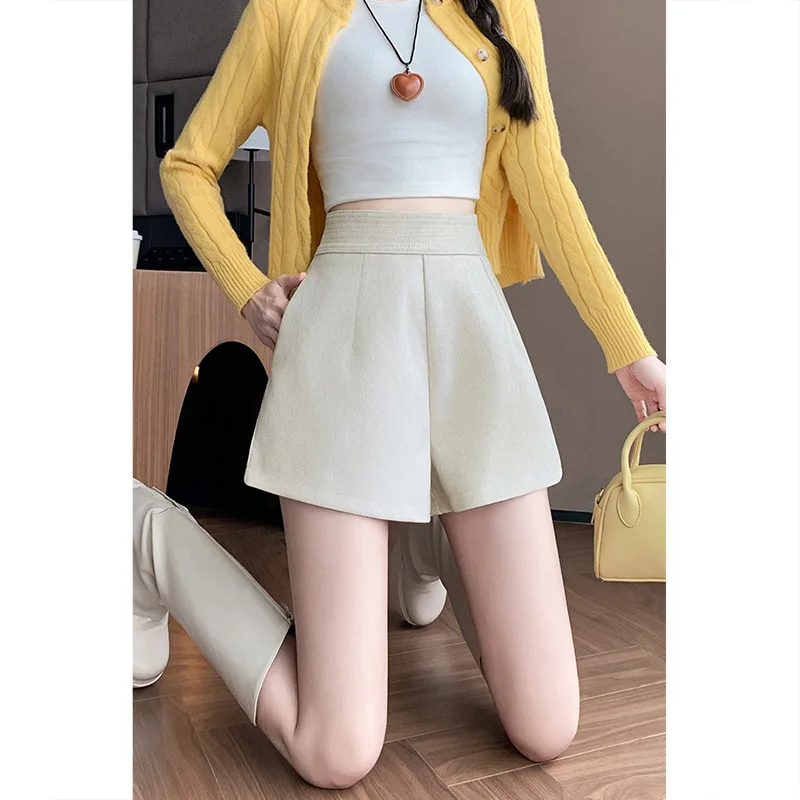 

Женские шерстяные шорты с широкими штанинами 2025: Новые повседневные шерстяные брюки-кюлоты из синели с высокой талией для невысоких женщин