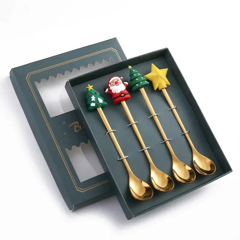 4PCS Christmas Gift Cutlery Spoon Fork Set Elk Christmas Tree Decoration Dessert Spoon Fruit Fork Coffee Spoon Cutlery Gift