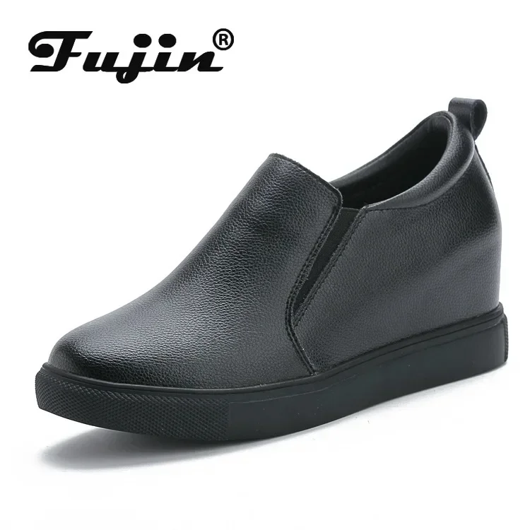 Fujin 6.5cm krowa prawdziwej skóry platforma klinowe damskie jesienne ukryte obcasy masywne trampki wiosenne modne buty dobrze dopasowane buty