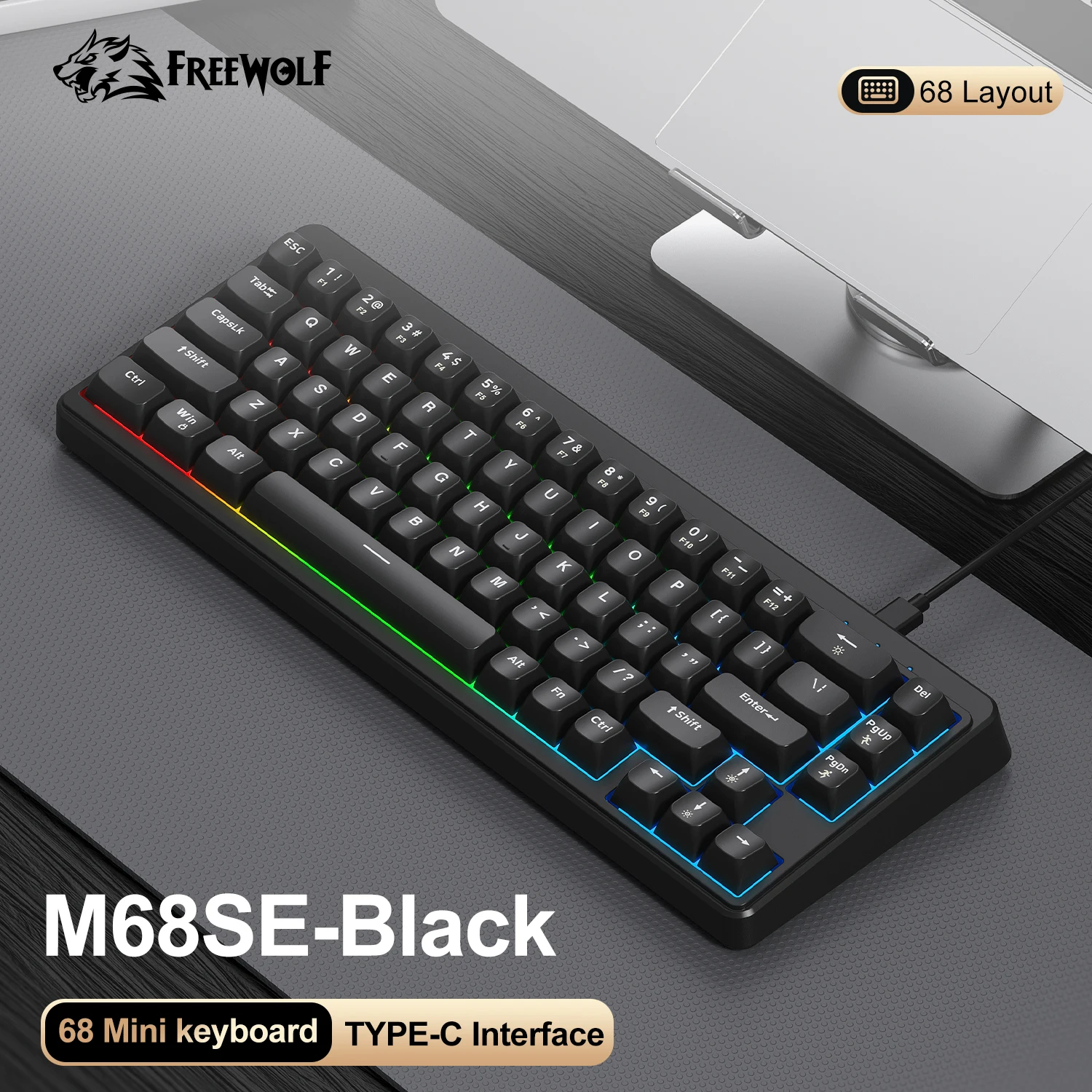 

FREEWOLF M68 SE Mini Gaming Keyboard Wired RGB Dazzling lights 67 Keys 60% Portable Keyboard for Office/Gaming