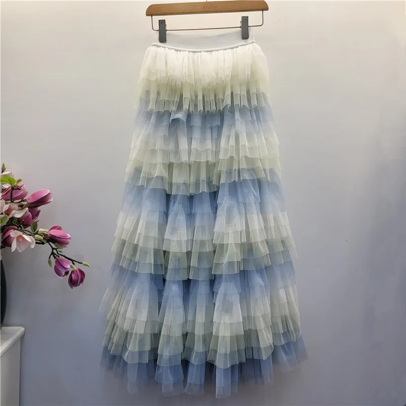 

Gradient Mesh Skirt Ladies 2025 Spring and Summer New High-grade Color Matching Cake Skirt Pleated High-waisted Long Puff Skirts