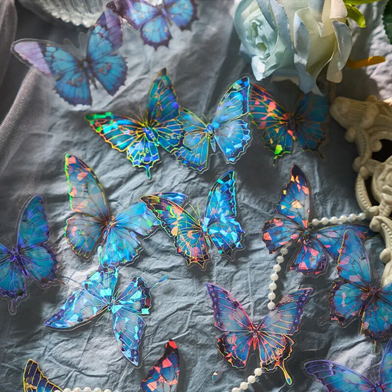 20pcs Crystal Laser Butterfly Waterproof PET Stickers DIY Decor Collage Craft Planner & Scrapbooking Stationery Sticker