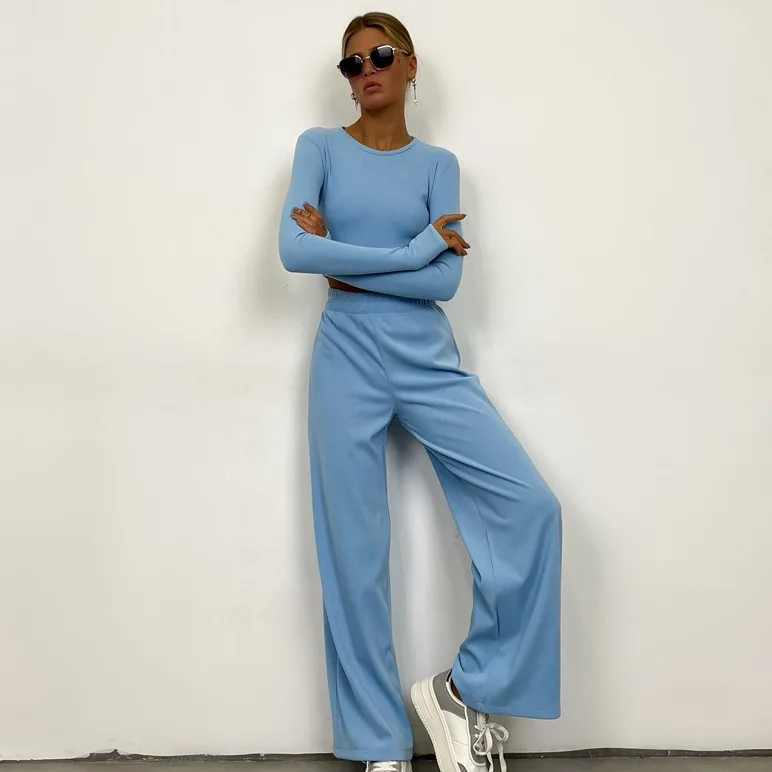 

Women's Suit Short Long-sleeved T-shirt Slim Pullover Top Elastic Waist Straight Pants Fashion Sports 2-piece Set