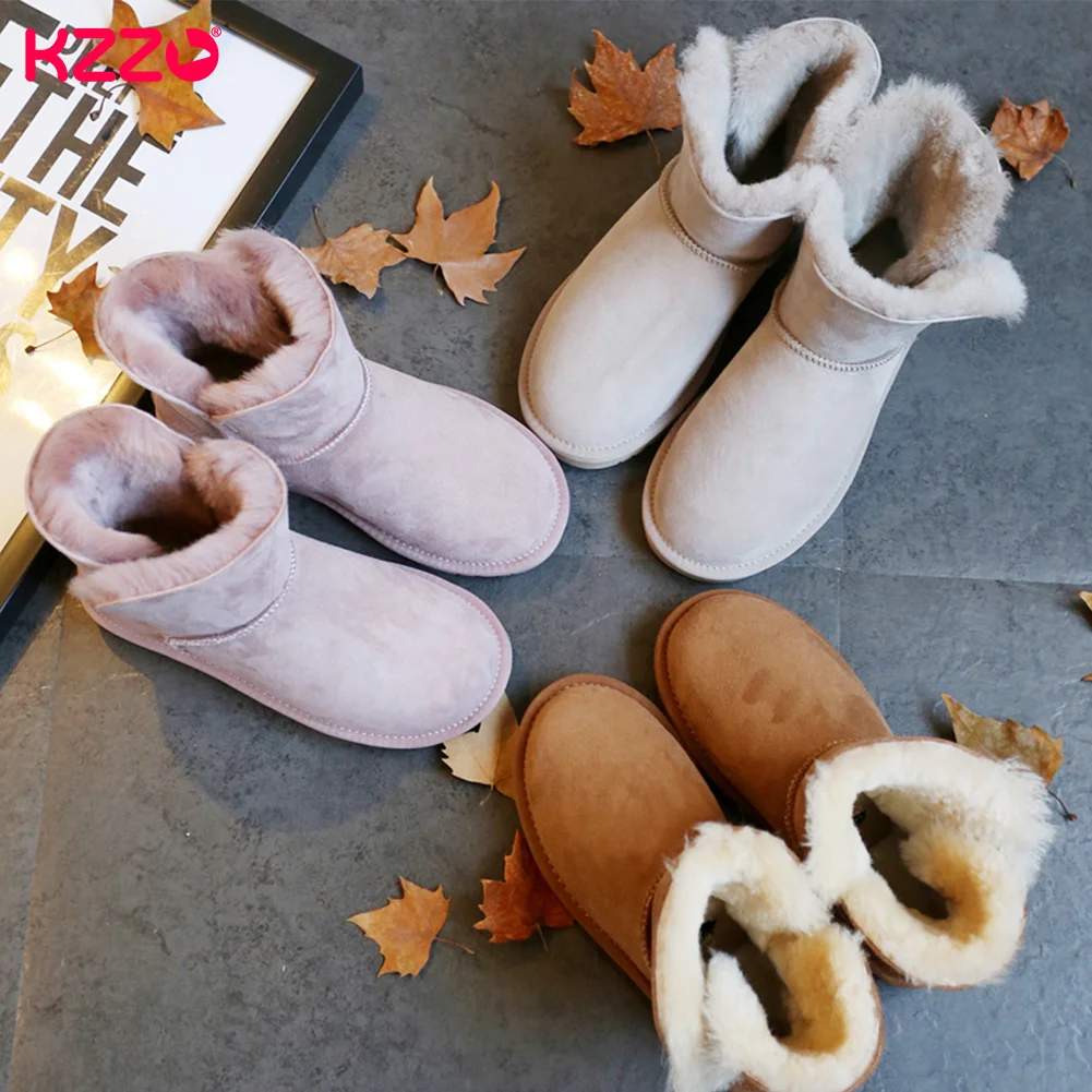 KZZO New Women Australia Sheepskin Leather Short Snow Boots Natural Wool Fur Lined Fashion Ankle Winter Warm Shoes Non-slip