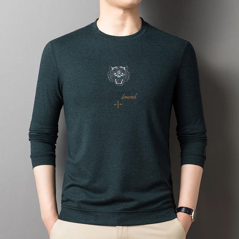 

Мужская футболка с круглым вырезом и вышитой головой тигра с длинным рукавом, топ на весну и осень, новая повседневная свободная базовая рубашка для мужчин