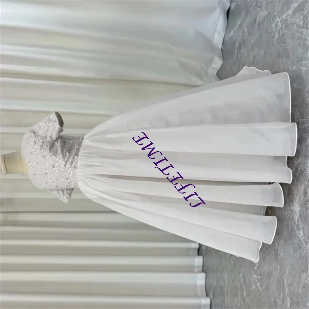 Luksusowa, prosta sukienka na Pierwszą Komunię Świętą z cekinami, błyszcząca, księżniczka, krótki rękaw, kokarda, plisy, sukienka dla dziewczynki sypiącej kwiatki, szyta na miarę, 2025