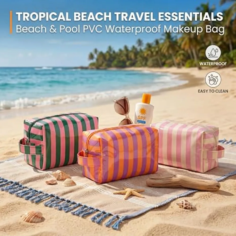 PVC Striped Clear Coated Waterproof Makeup Bag | Easy To Clean, Cute Travel Organizer Zipper Pouch for Beach Vacation Essentials
