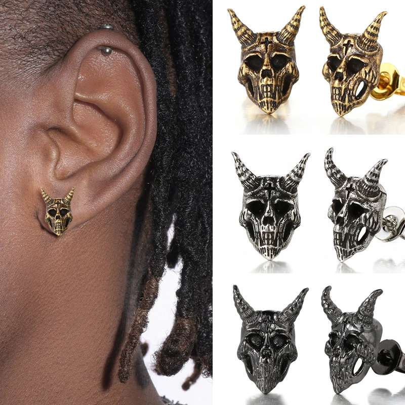 Demon Satan Ram Skull Stud Earrings for Men Women Nordic Retro gothic punk skeleton retro Viking Earrings Jewelry gifts OHE186