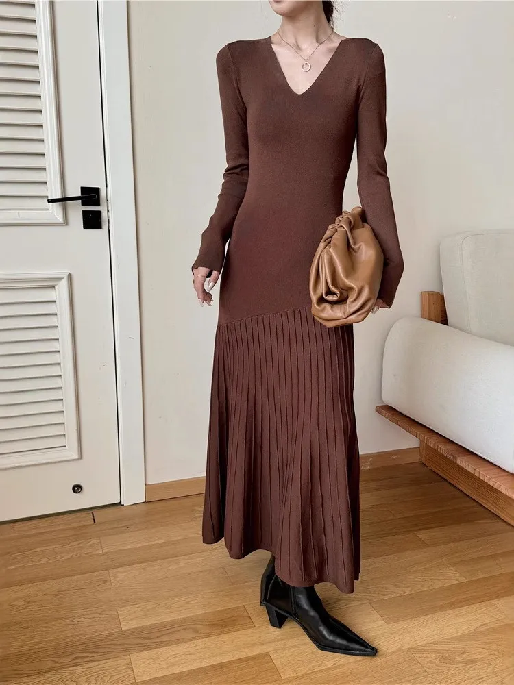 

Autumn Commuting Dress Vestidos Casual Vestido Feminino Elegant Dresses 2025 Woman Temperament Solid Color Knitted Wrap Hip Silm