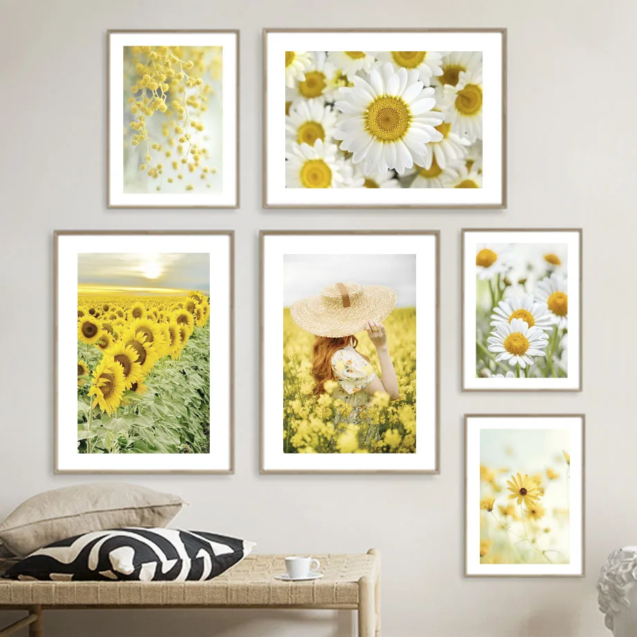 الأصفر المثالية عباد الشمس الفتيات زهرة الشمال الملصقات و يطبع قماش اللوحة جدار الفن صور لغرفة المعيشة ديكور المنزل #3