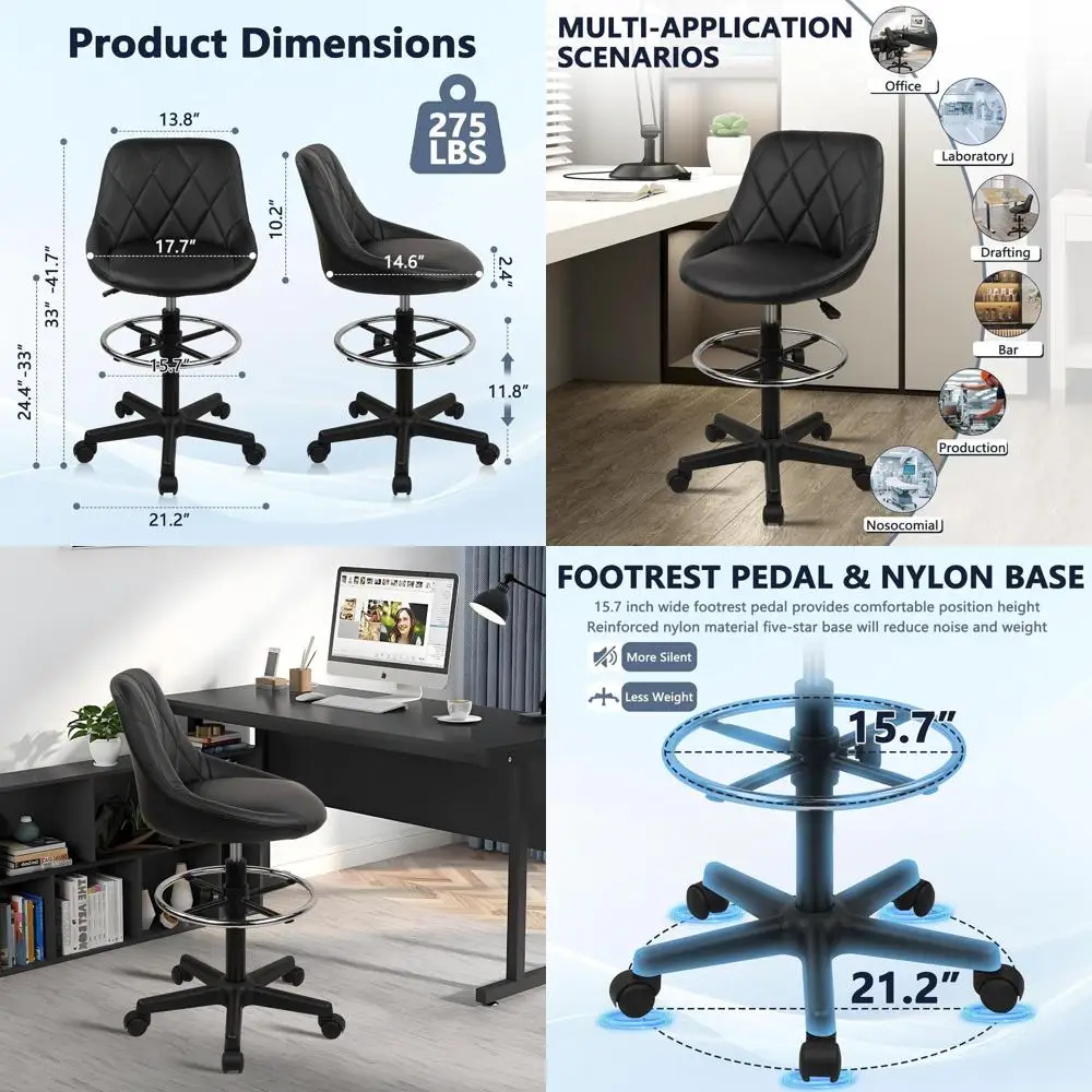 

Black Adjustable Swivel Office Chair with PU Leather, Backrest, Wheels, and Height-Adjustable Footrest for Home, Kitchen, and Ba