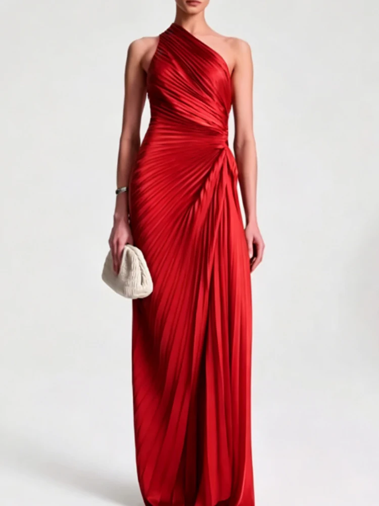 Women's Summer Sleeveless Skew Collar Fashion Patchwork Maxi Dress Elegant Chic Solid Holiday Streetwear Party Dress for Ladies - view 5