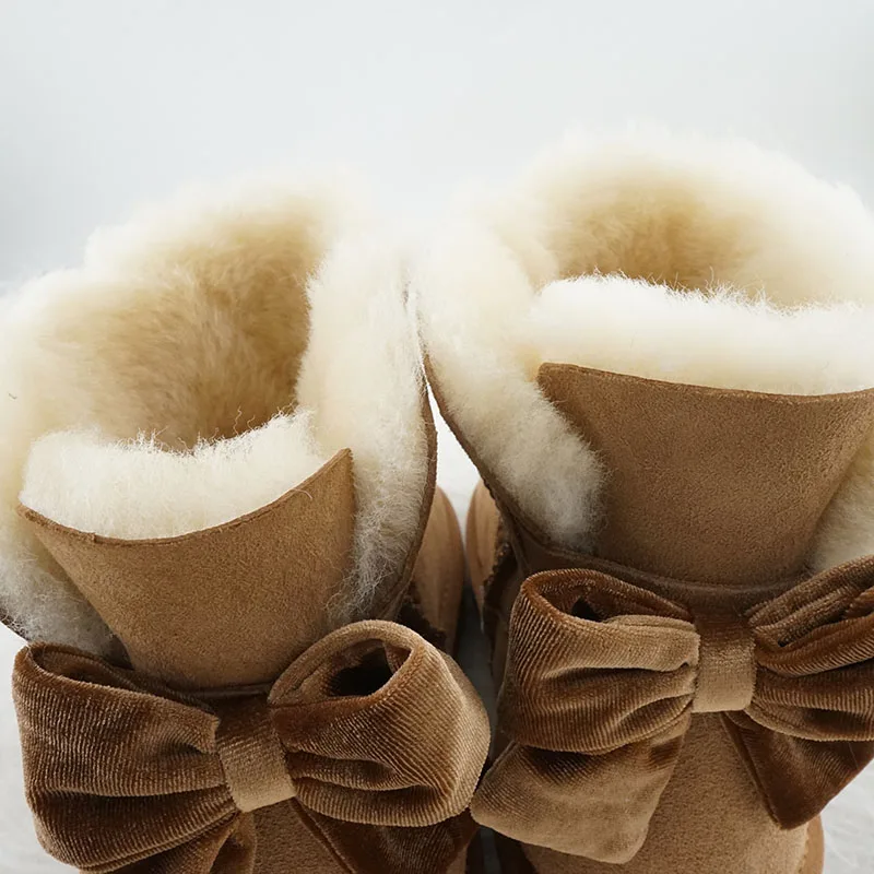 New Classic Velvet Bow 100% Genuine Sheepskin Leather Snow Boots Natural Fur Women Boots Warm Winter Boots Ankle Boots