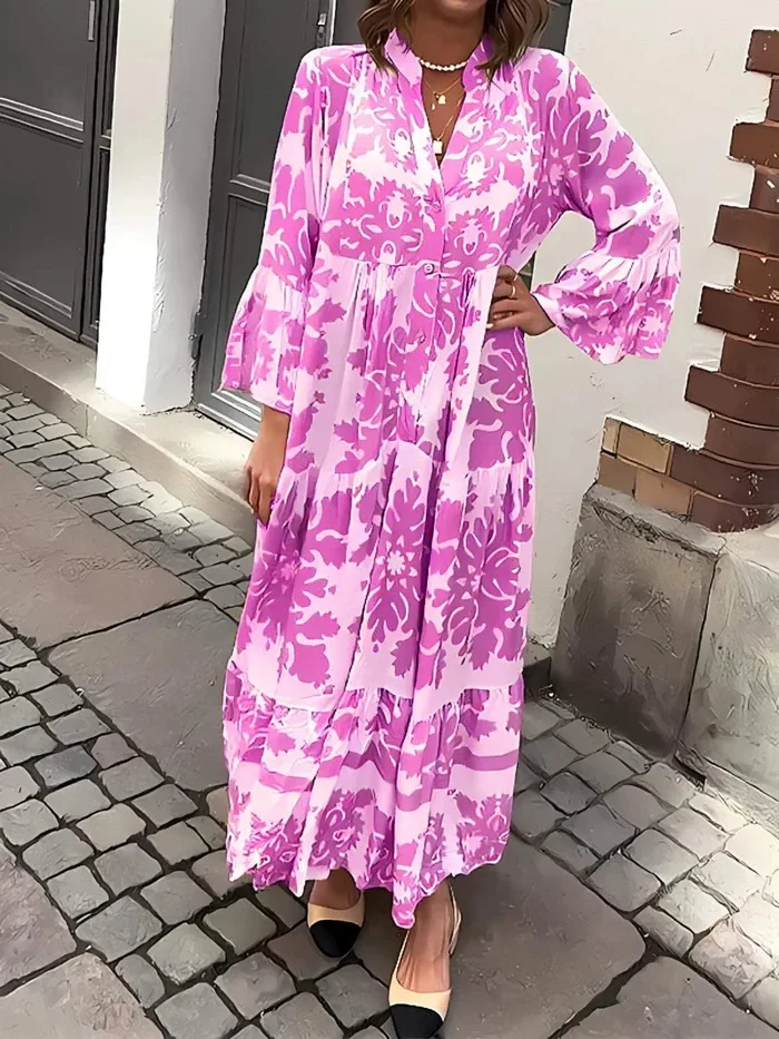 

2025 New Fashion Printed Ruffle Dress Women Summer Casual Loose Bat Sleeve Button Stand Collar Long Skirt For Women