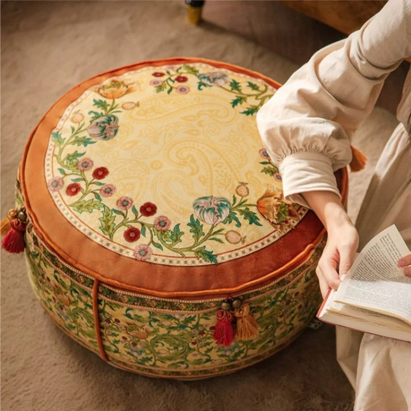 Vintage American Pouf Ottoman, Breathable Floor Cushion for Living Room, Casual Foot Stool for Sofa, Aesthetic Home Decor Accent