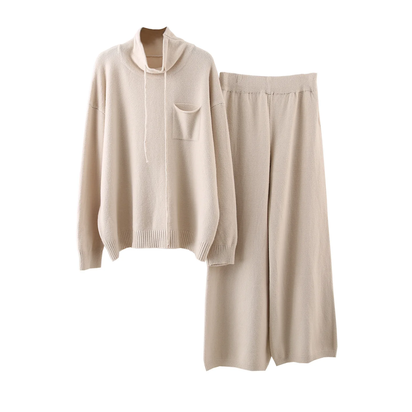 ชุดเซ็ตสองชิ้น เสื้อไหมพรมคอตั้งสำหรับสุภาพสตรีทำงาน รุ่นใหม่ประจำฤดูใบไม้ร่วงและฤดูหนาว พร้อมกางเกงขายาวทรงกว้างเนื้อหนา