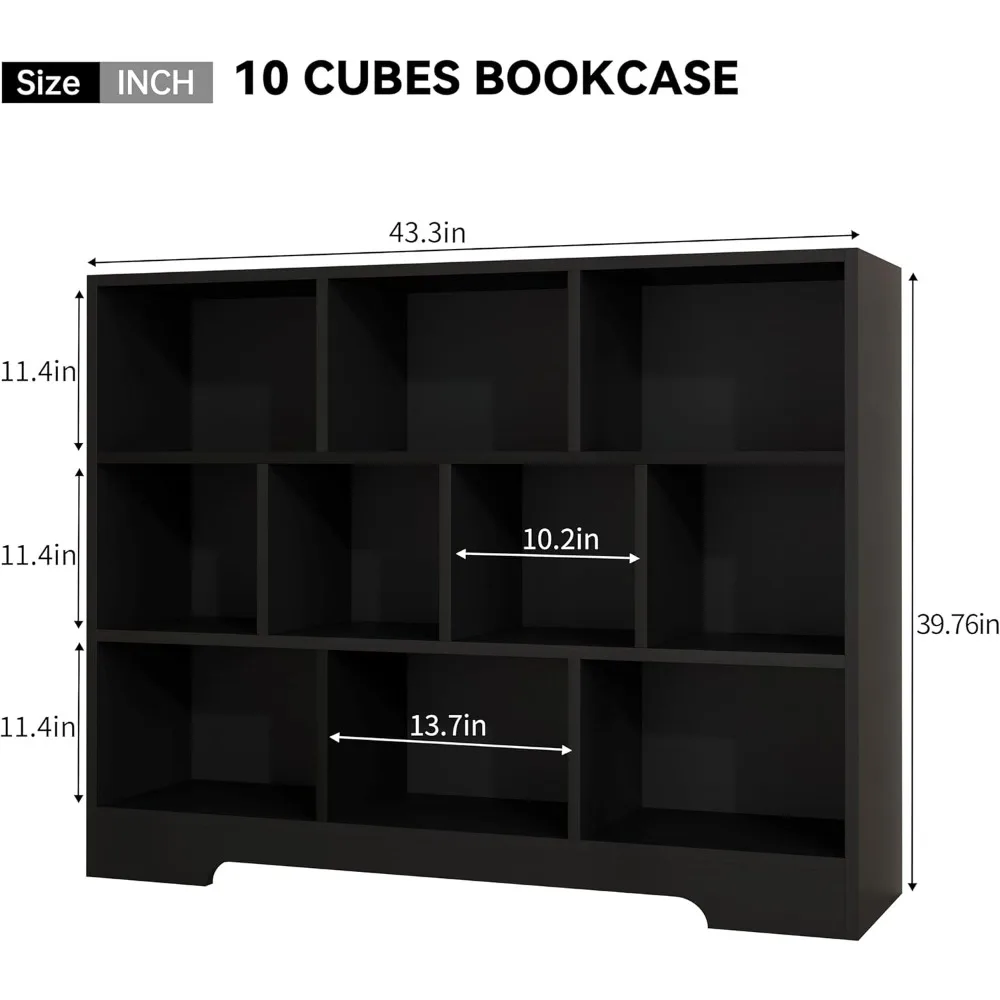 3-Tier Wooden Cube Bookshelf Organizer with 10 Storage Cubes, Freestanding Black Bookcase for Bedroom Use