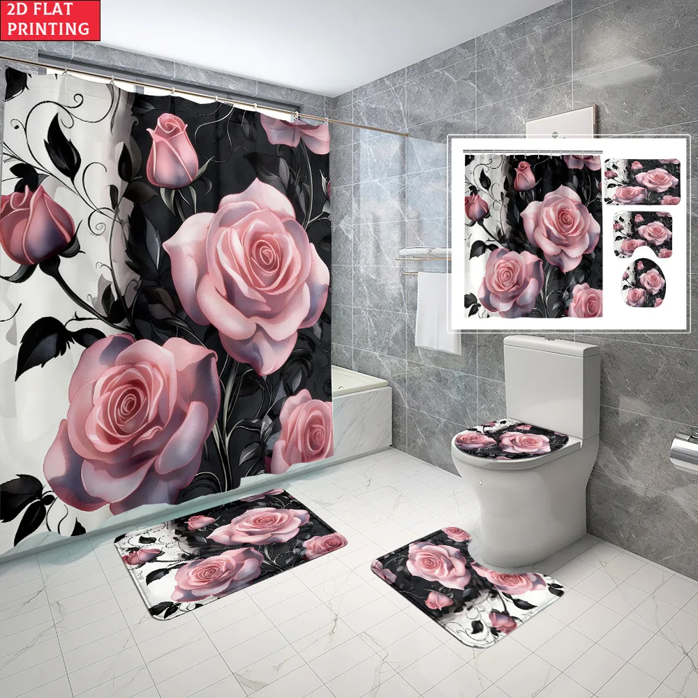 

1pc/4pcs Shower Curtain and Bath Mat Set with Pink Roses On Black Background With Leaves Non-Slip Bathroom Decor, with 12 hooks