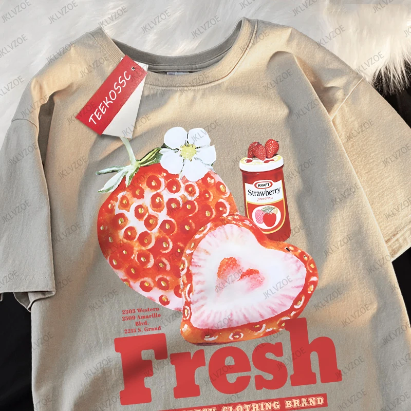 Fresh Strawberry American Retro Creative Printed Short Sleeve T-shirt Women Trendy Brand Loose Versatile Half Sleeve Unisex Tops