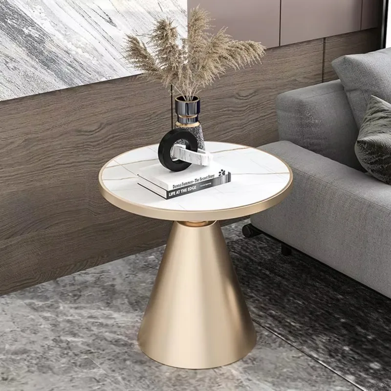 

Living Room Sofa Side Table Light Luxury Rock Board Iron Round Coffee Table Bedroom Hotel Movable Small Round Coffee Table