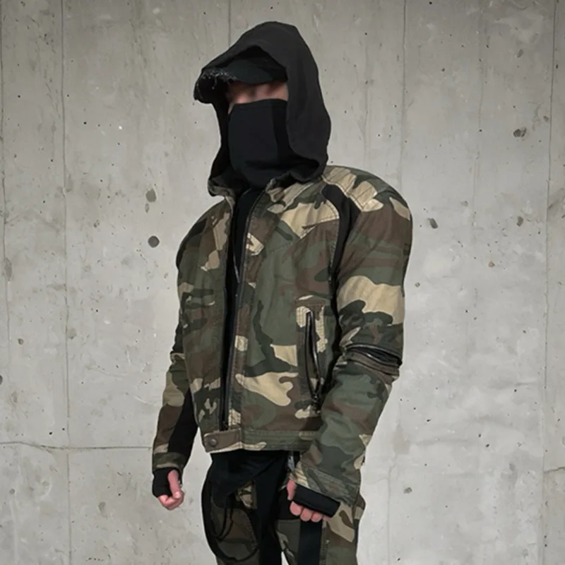 HKSH Autumn Winter New Men Tide Punk Waste Land Deconstructed Silhouette Padded Shoulder Jacket Cotton Zipper Short Coat HK14783