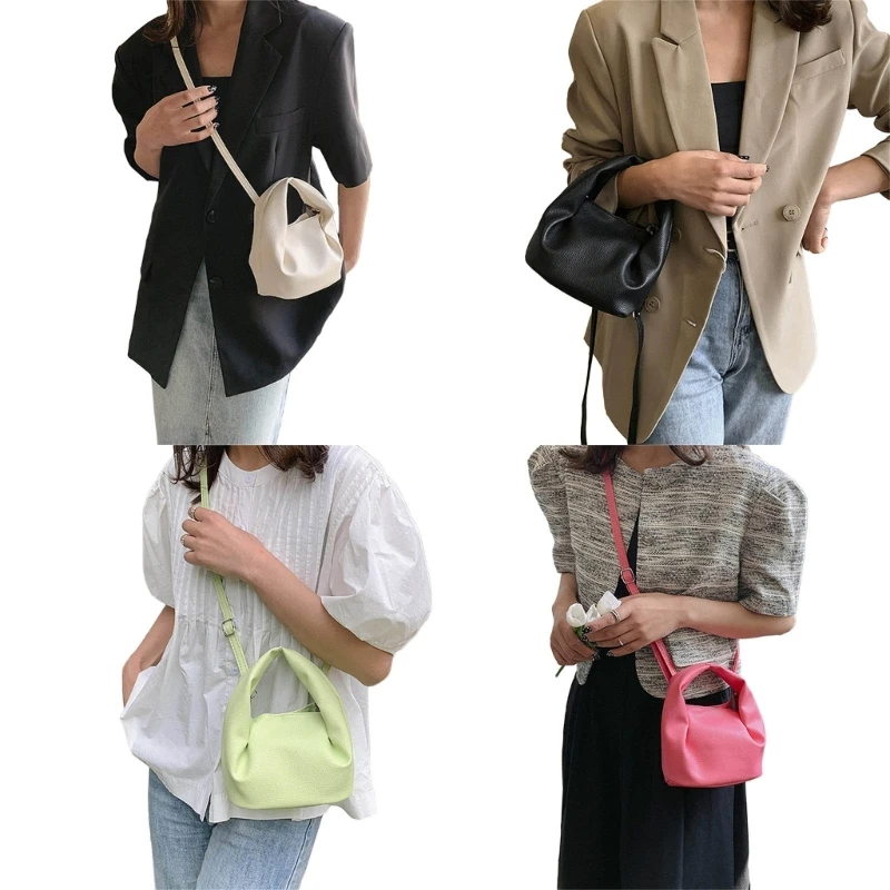 

E74B Women Bag PU Leather Shoulder Bag Fashion Ruched Crossbody Bag Casual Messenger Bag Solid Color Handbag and Purse