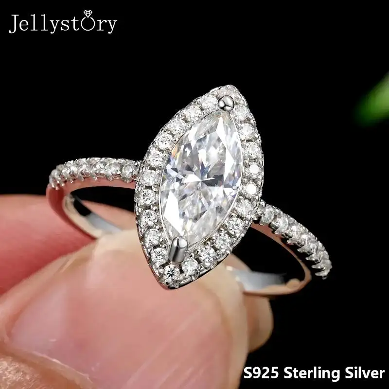 JellyStory High-End Marquise Moissanite Ring for Her S925 Silver Full Inlaid Design Minimalist Jewelry for Daily Wear