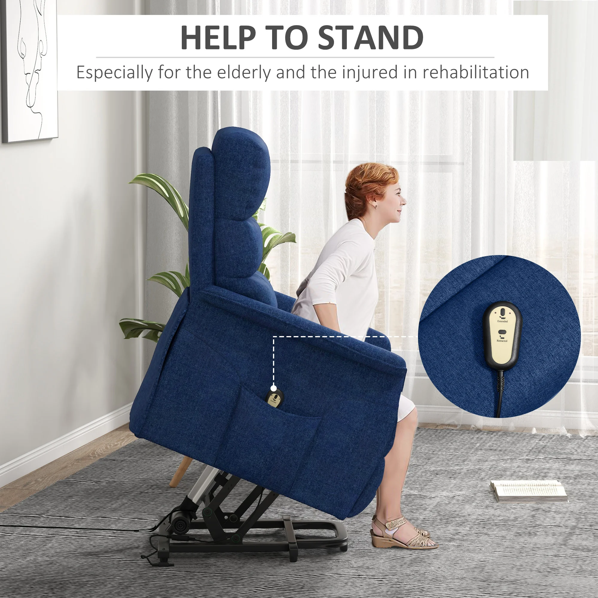 Power Lift Chair per anziani Sedia elevabile in tessuto con tasche laterali telecomando blu scuro