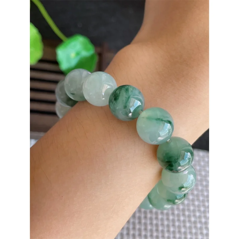 Myanmar Natural a Jade Bracelet Bead Ice-like Floating Flowers round Beads 19 Pcs 53.34G