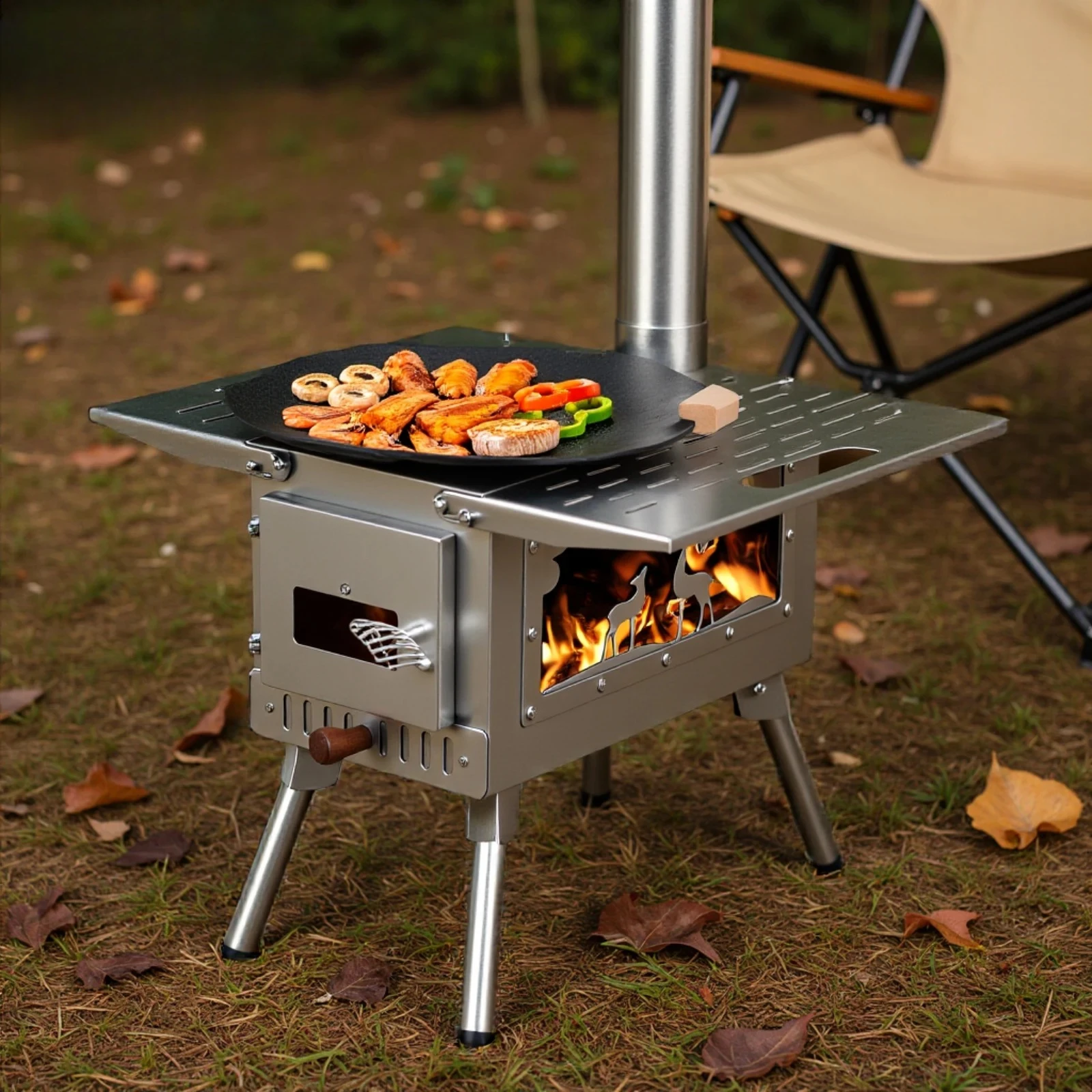 Folding Wood Stove & Pellet Burner Combo, Camping Fire Pit Grill with 5-Section Chimney, Outdoor Cooking Wing Panels