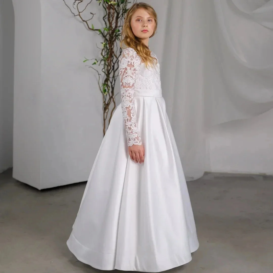 Classic Satin Flower Girl Dress for Wedding Lace High Neck Floor Lenght Kids Infant Baptism Gowns First Communion Gowns Custom