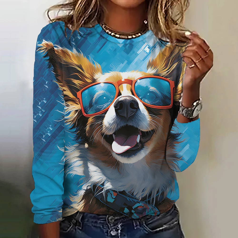 Women's Cartoon Cute Puppy Animal Print Ultra-thin Breathable T-shirt O-neck Long-sleeved Casual T-shirt Home Pullover