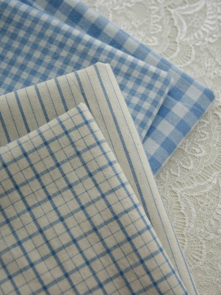 

Retro Blue Linen Checkered Striped Cotton Fabric Japanese Tablecloth Dress Bag Fabric