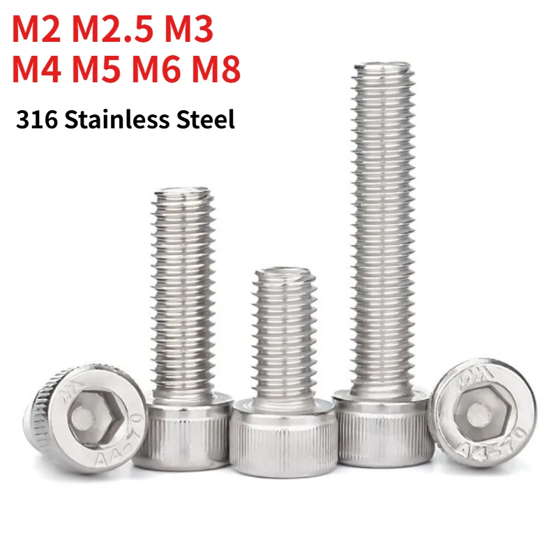 1/2/5/10pcs M2 M2.5 M3 M4 M5 M6 M8 DIN912 316 Stainless Steel Hexagon Socket Cap Head Screws, A4-70 Allen Cup Head Machine Bolts