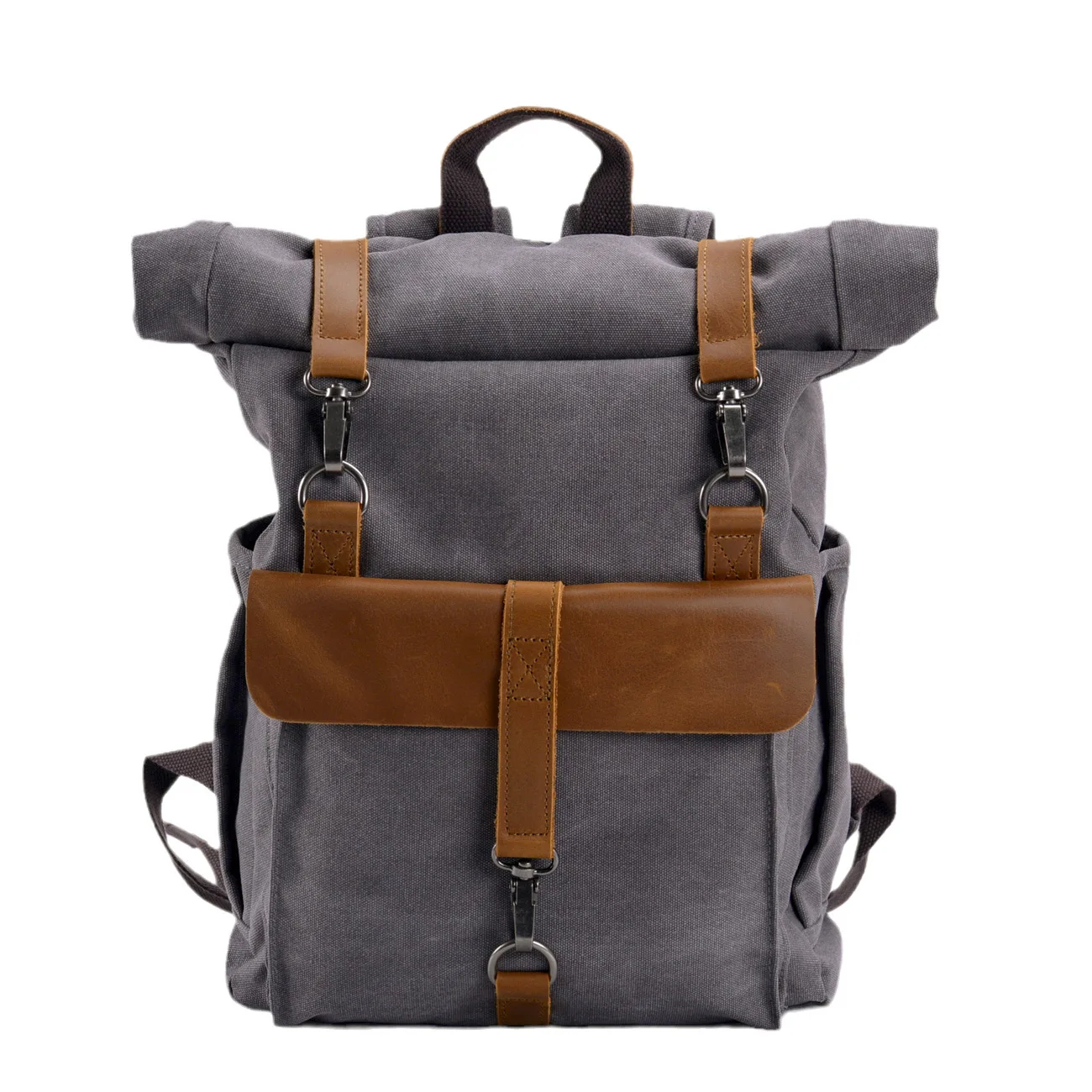 

Vintage Canvas Backpack for Men with Genuine Leather Top Roll Expandable College Style Outdoor Hiking Bag