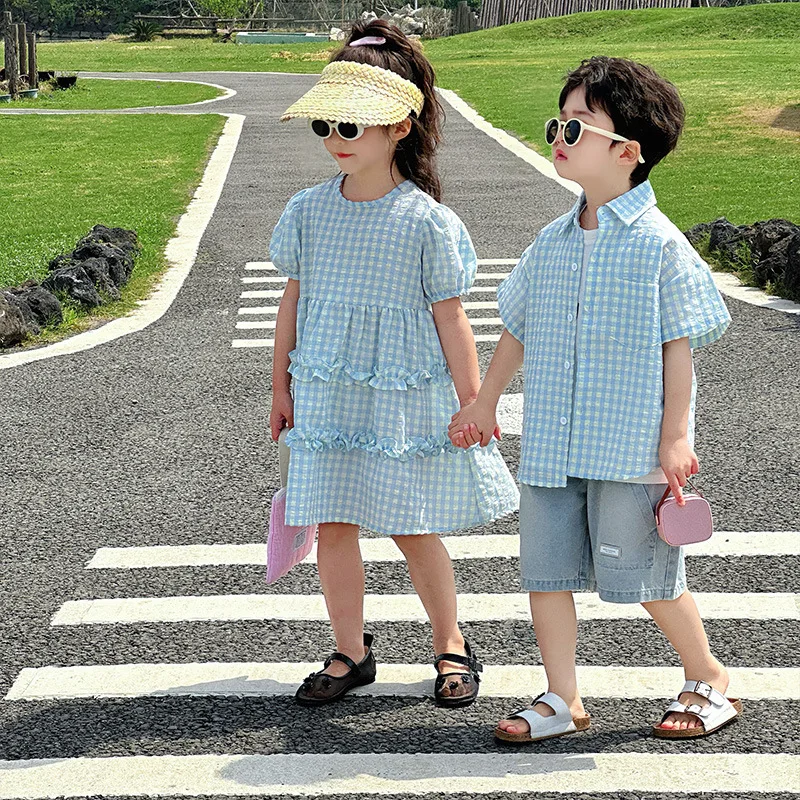 Set 2026 Spring and Summer New Children's Wear Boys and Girls Holiday Style Shirt Denim Shorts Beach Skirt Brother and Sister