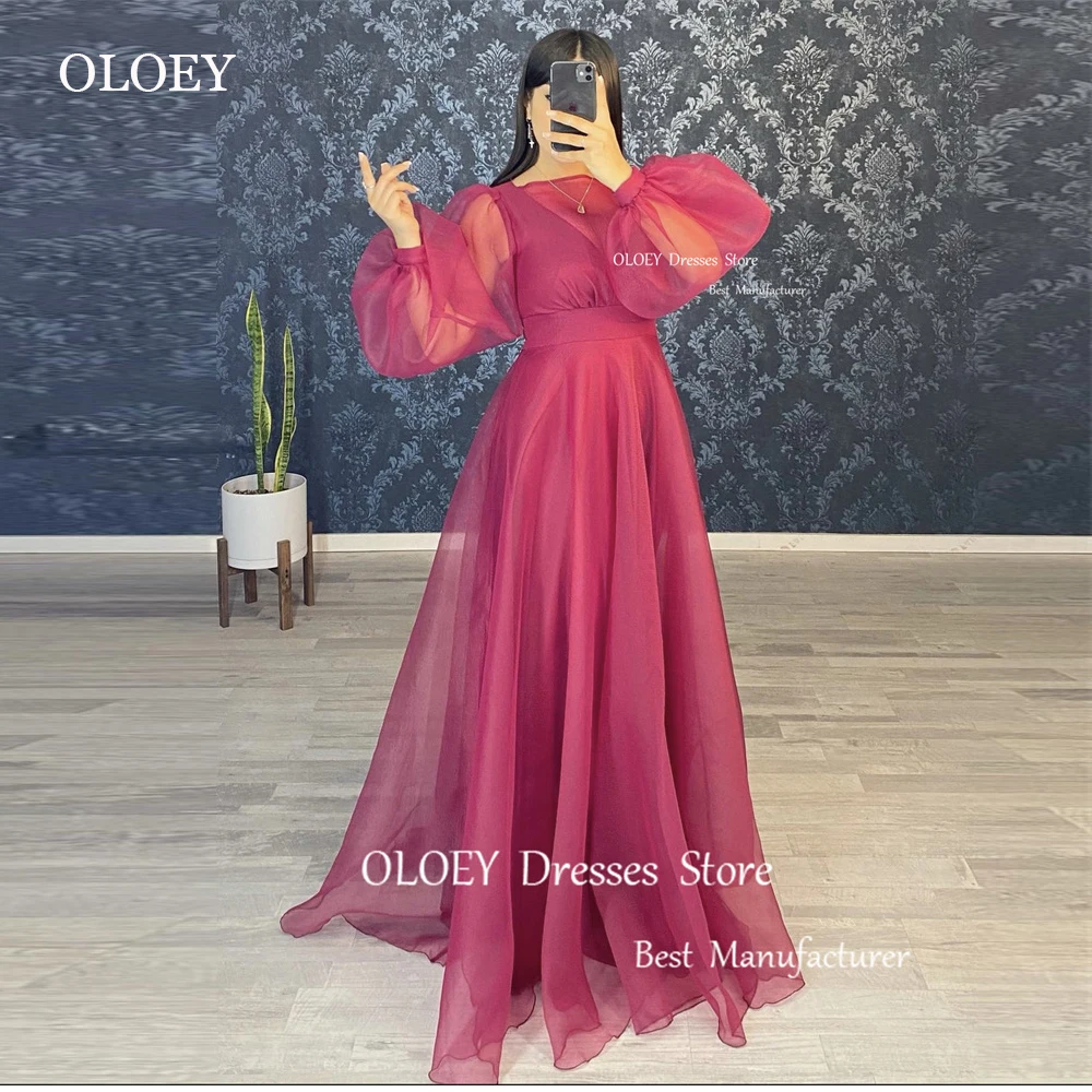 

OLOEY Simple Burgunday Mother Of Bride Dress Formal Evening Dress Puff Long Sleeves Modest Prom Gowns Plus Size Women Party