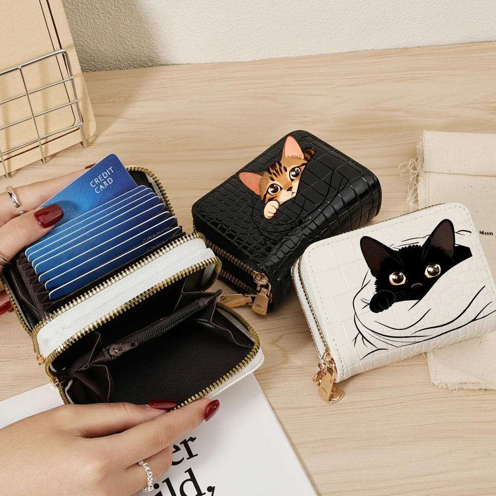 

Cat Women Zipper Short Style Purse Cartoon Pattern Fashion Large Capacity Multi CardSlot Coin Purse With Zipper Holiday Gift