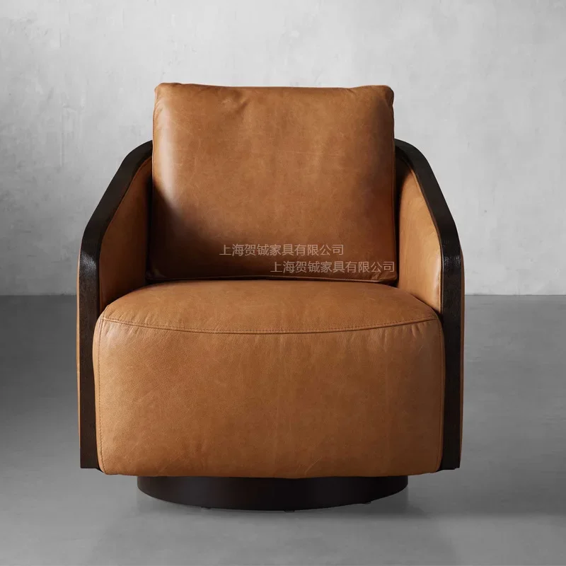 American country solid wood leather sofa chair French vintage living room single sofa balcony swivel lounge chair foreign trade