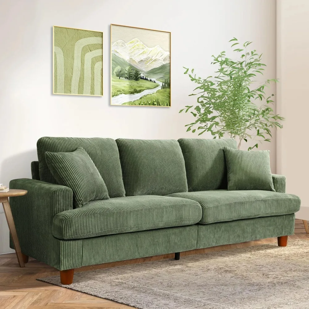 

87" Corduroy Sofa,3 Seater Sofa with Extra Deep Seats, Comfy Upholstered Couch for Living Room,2 Pillows,Green
