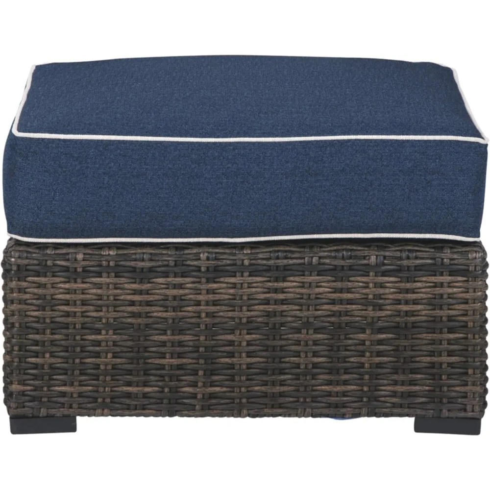 Grasson Lane Outdoor Patio Upholstered Ottoman with Wicker Base, Blue