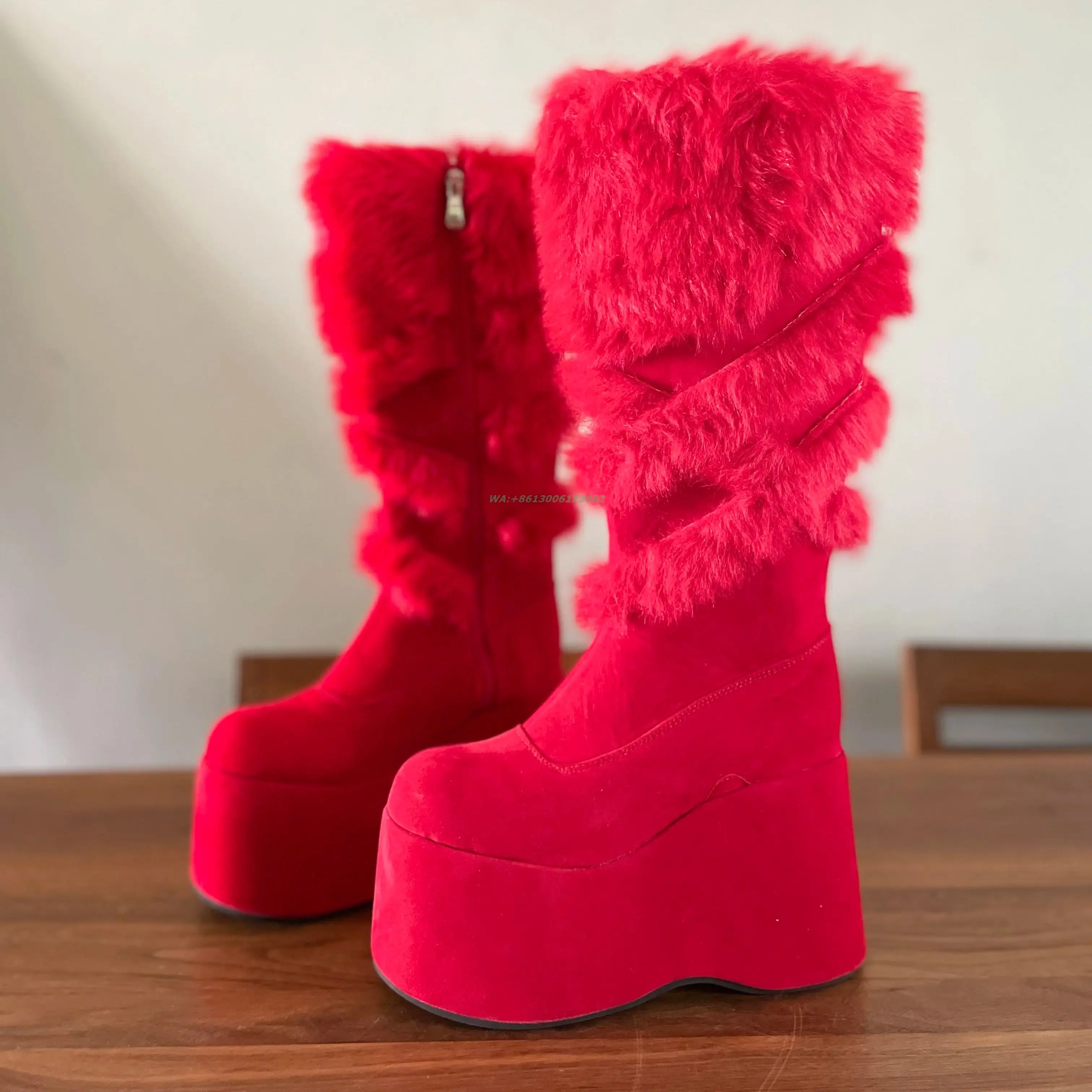 Design Women's High Platform Wedge Fur Snow Boots Furry Long Boot Custom Color plus Size with Thick Bottom Heel Height 11