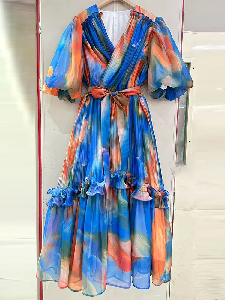 

Французское платье с высокой талией и принтом с пышными рукавами, весенне-летнее женское новое свободное платье с деревянными ушками на шнуровке на талии