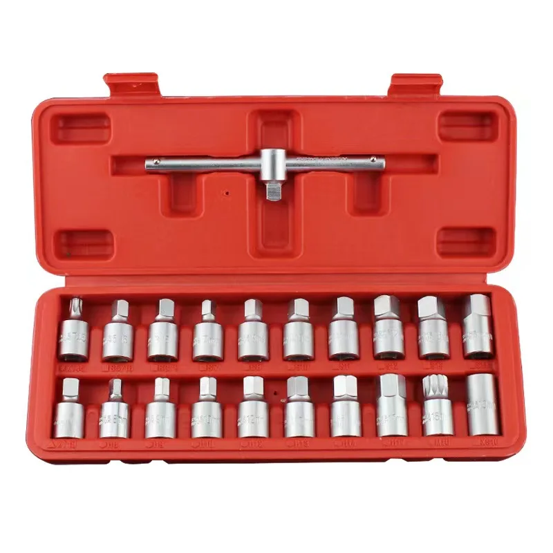 21PCS Oil Drain Pipe Plug Socket Set Oil Pan Screw Sleeve Wrench 3/8-Inch drive Sliding T-bar Removal Kit