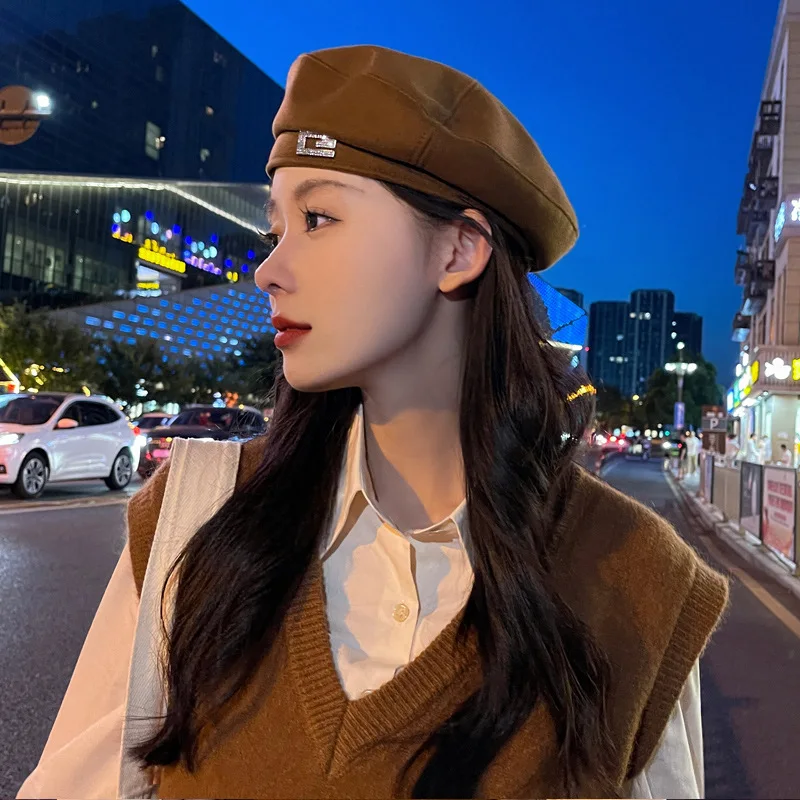 

Thermal Lined Tweed Beret for Women Adjustable Winter Cap with Rhinestone Decoration Korean Painter Style Classic Hat
