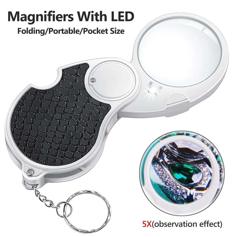 5X Pocket Magnifying Glass with LED Light Handheld Jewelry Loupe Keychain 45mm Illuminated Coins Magnifier for Jewelers Senior