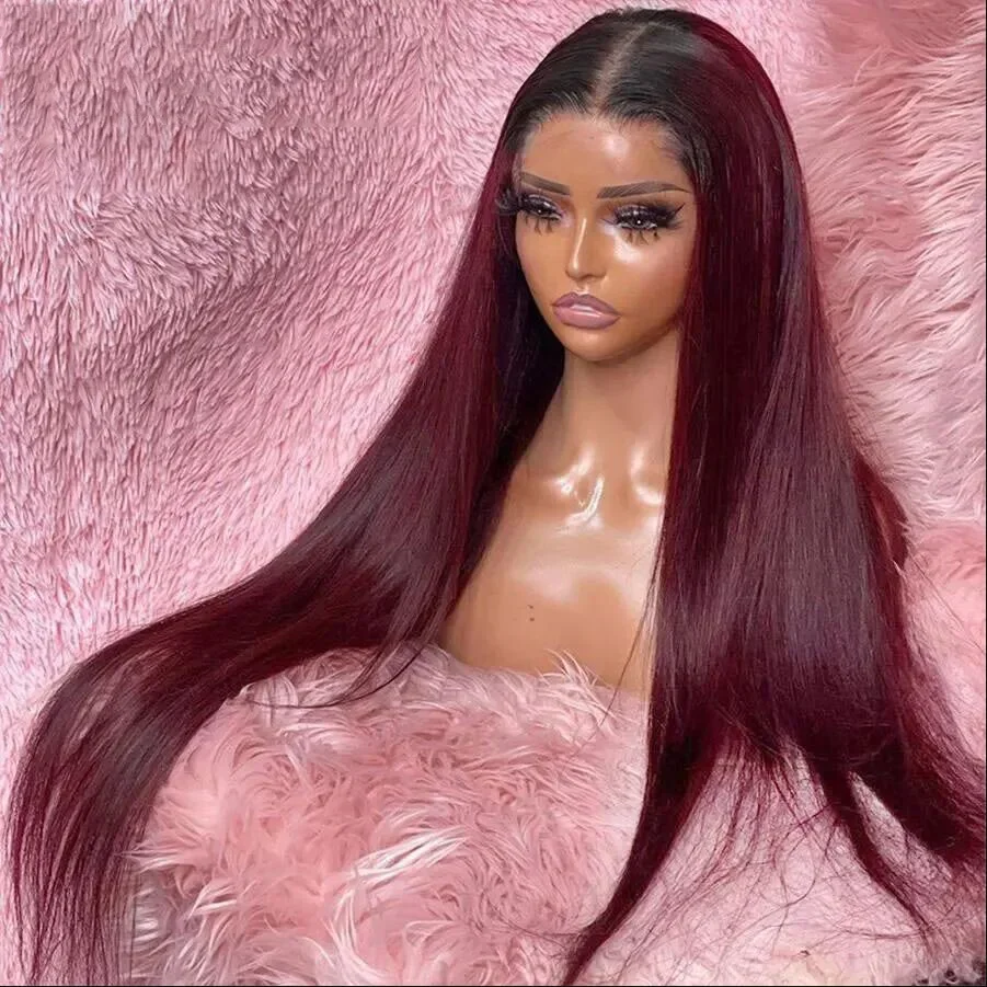 Soft Deep Part 26 inch 180 Density Glueless Ombre Wine Straight Lace Front Wigs For African Women Babyhair Daily PrePlucked